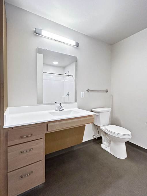 a bathroom with a sink toilet and a mirror