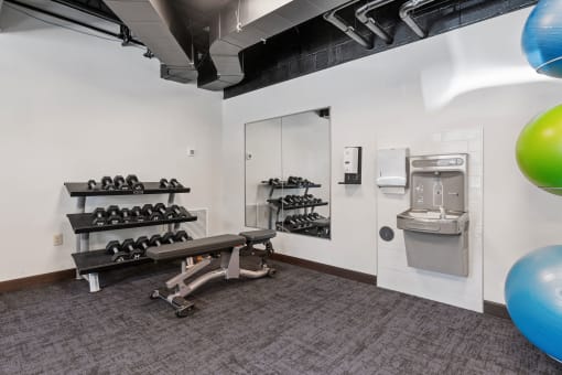 a gym with weights and a toilet and a mirror