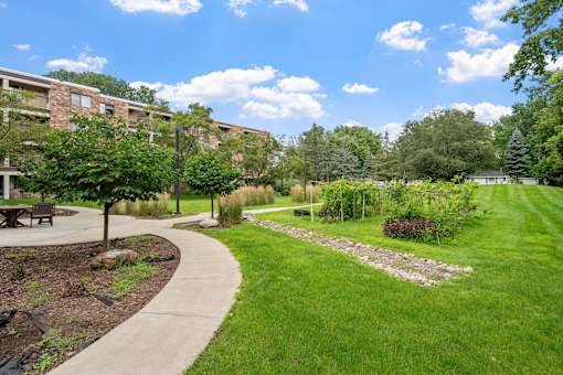 a park with grass and trees and a sidewalk