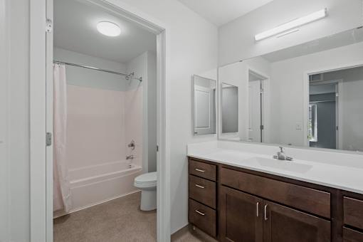a bathroom with a large mirror and a sink and a toilet