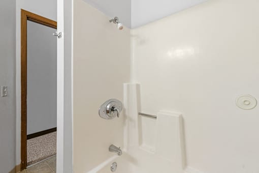 a white bathroom with a shower and a door