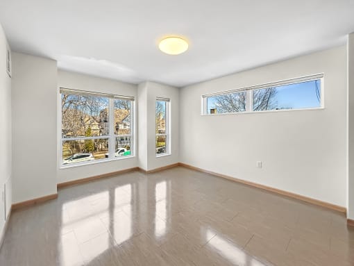 an empty living room with two windows and a reflection on the floor