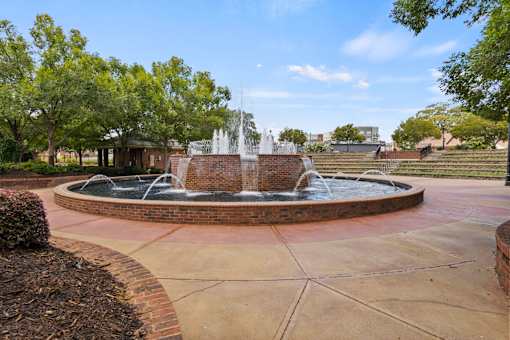 A fountain in the middle of a park surrounded by trees.