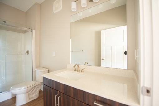 A bathroom with a toilet, sink, and mirror.
