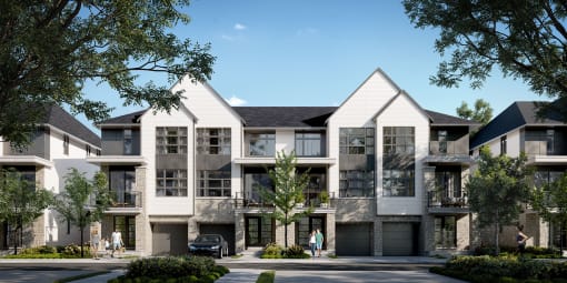 a rendering of a four story apartment building with white and gray facade and a street