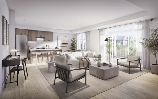 a rendering of a living room and kitchen in an apartment