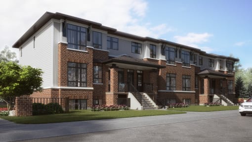 a rendering of a three story apartment building with brick and white siding
