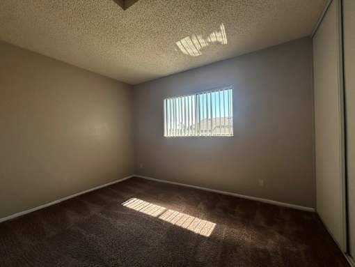 A room with a window and a carpet on the floor.