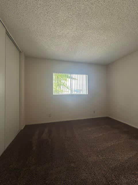 A room with a window and carpeted floor.