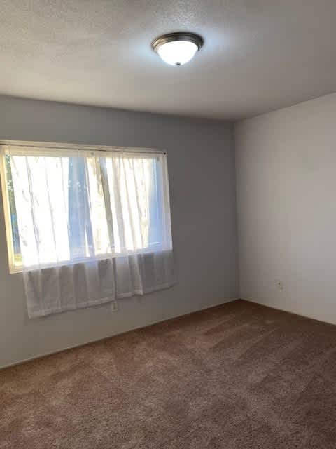 an empty room with a window and a curtain