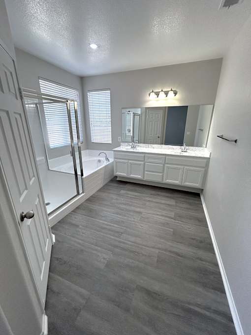 A bathroom with a white vanity and a walk-in shower.