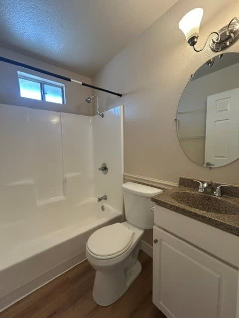 A white toilet in a bathroom with a sink and mirror.