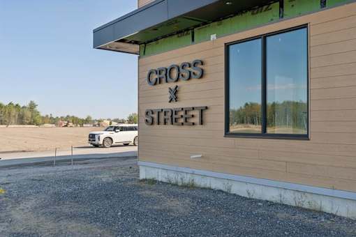 A building with a sign that says "CROSS STREET" on it.