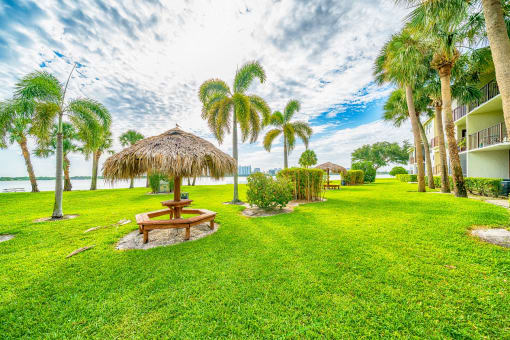a park with palm trees and a bench in the grass at Bella Lago Vista, Florida
