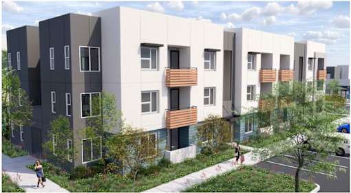 a rendering of an apartment building with people walking in front of it