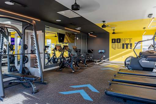 A gym with a variety of equipment including treadmills, weights, and exercise machines at The Warren Apartments, Jeffersonville, IN