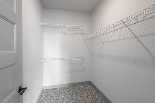 A white closet with a carpeted floor and a door on the left.