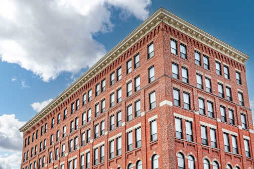Red building exterior at 206 Flats Apartments, Spokane, Washington