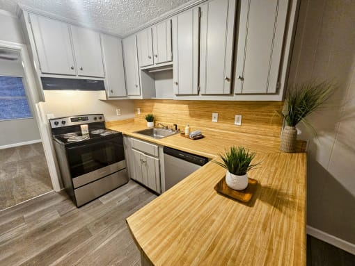 a kitchen with stainless steel appliances and a wooden counter top