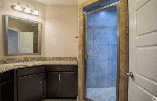 a bathroom with a walk in shower and a sink
