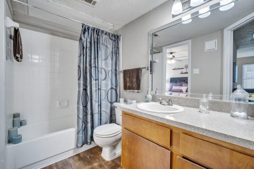 a bathroom with a shower toilet and sink and a mirror