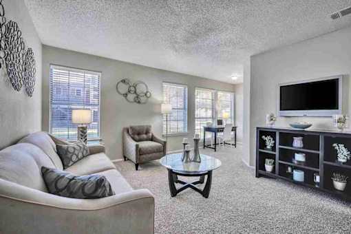 a living room with a couch and a table and a television