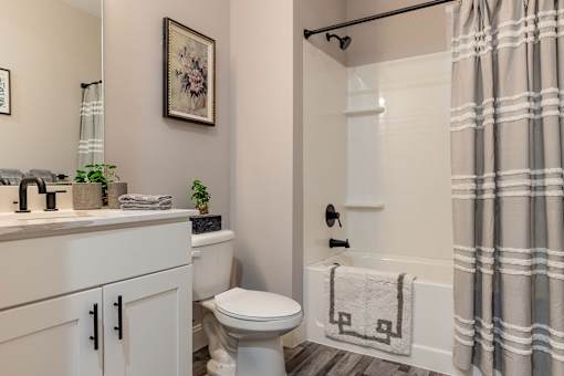A bathroom with a toilet, sink, and shower.