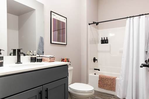 A bathroom with a toilet, sink, and shower.