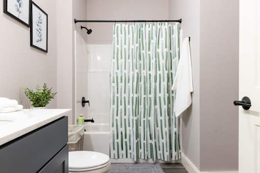 A bathroom with a green and white shower curtain.