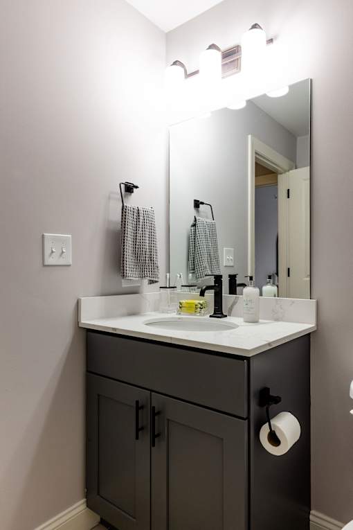 A bathroom with a sink, mirror, and toilet paper roll.