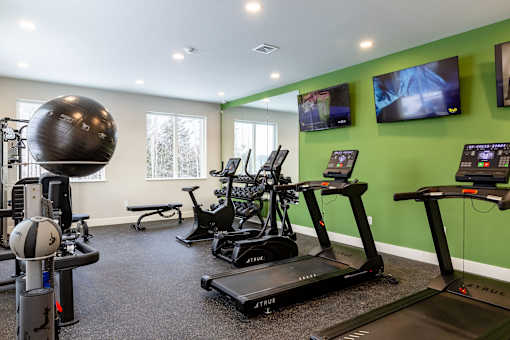 A gym with treadmills, exercise balls, and a bench.
