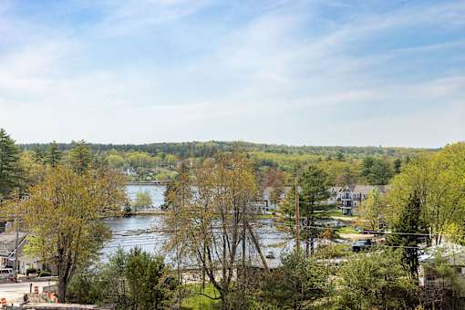 A river flows through a wooded area with houses on the side.