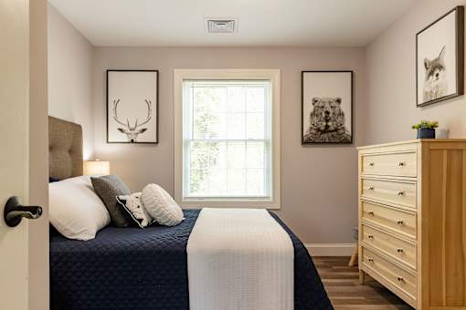 A bedroom with a bed, a dresser, and two pictures on the wall.