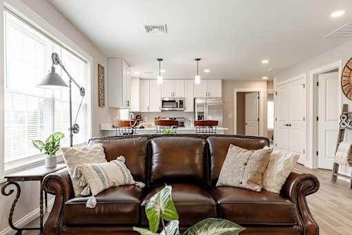 A brown leather couch with a potted plant on it.