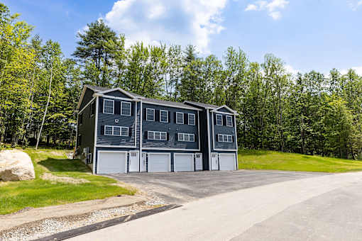 A grey house with a white garage door is surrounded by trees.