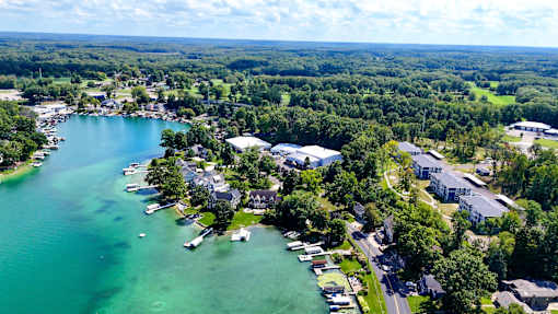 arial view of the resort and the lake