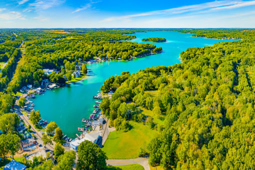 arial view of a lake with a marina