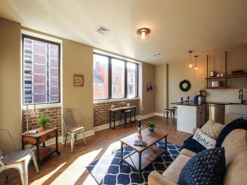 a living room with a couch and a table