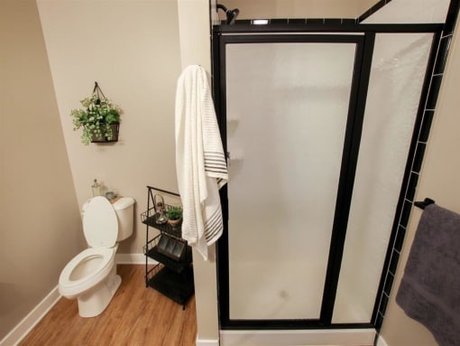 a bathroom with a toilet and a glass shower