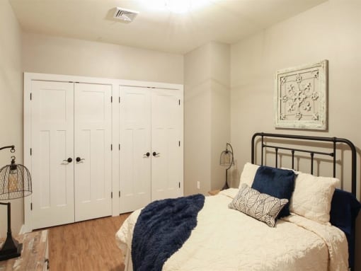 a bedroom with a bed and a closet