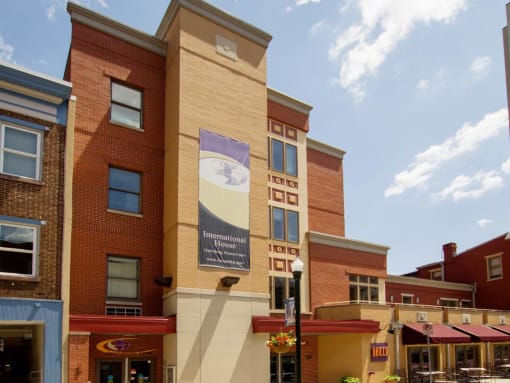 a building with a banner on the side of it