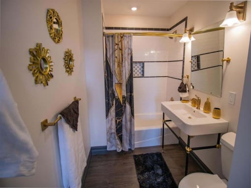 a bathroom with a sink and a toilet and a shower