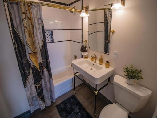 a bathroom with a sink and a shower and a toilet