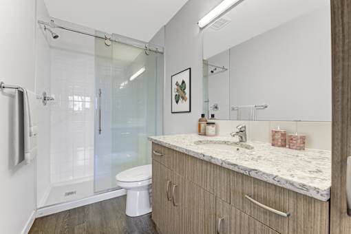 A bathroom with a marble countertop and a walk-in shower.
