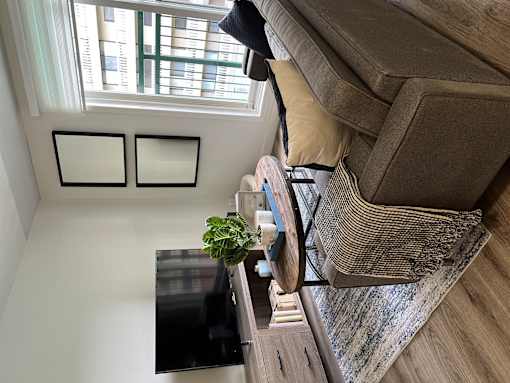 a living room with a couch and a table with a plant