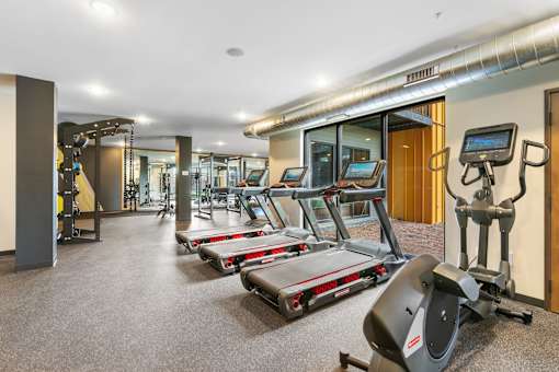 A gym with treadmills, elliptical machines, and other exercise equipment.
