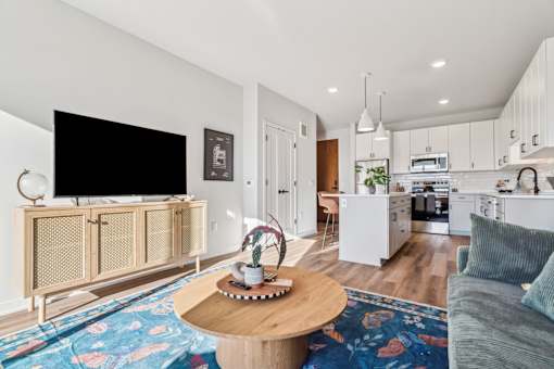 A living room with a television, a coffee table, and a couch.