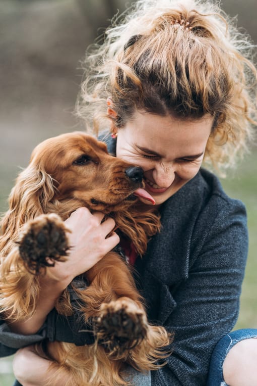 a woman holding a dog in her arms