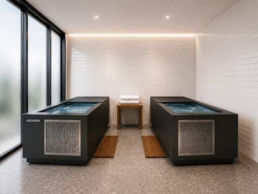 Two AquaIria hot tubs are in a modern room with a bench and towels.