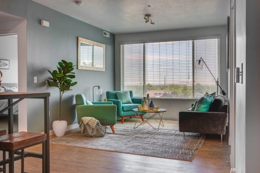 Living Room With Expansive Window at Element 31 Apartments, Salt Lake City, UT